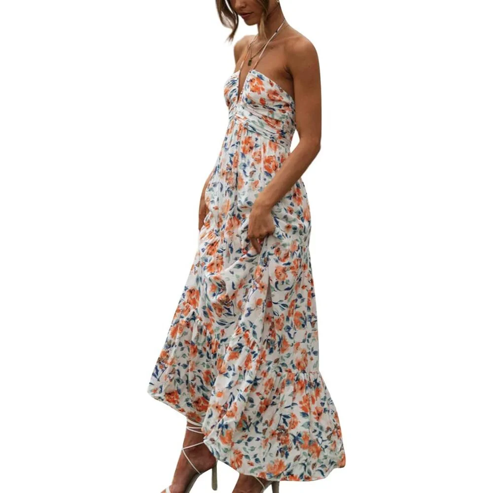 Women's Floral Maxi Dress Boho Sleeveless Summer Backless Ruffle Size Small - Picture 3 of 5